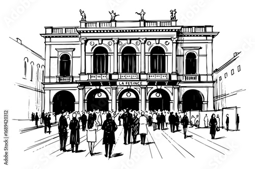 Crowd of people in front of La Fenice opera house sketch