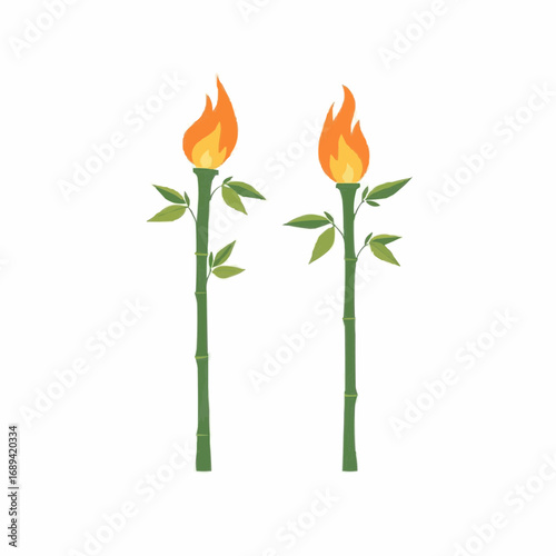 Bamboo torches with flames and leaves on white background  