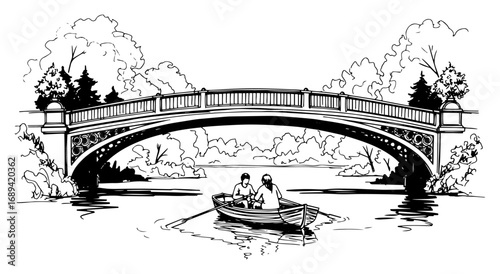 Couple in a rowboat under an old bridge in the park sketch