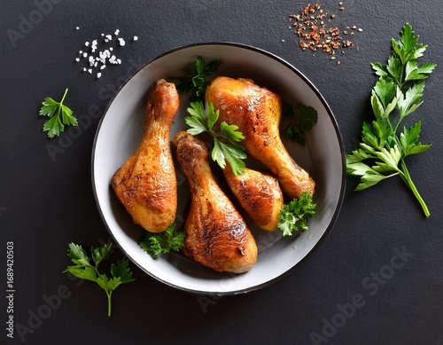 top view of baked chicken legs with seasonings and fresh herbs