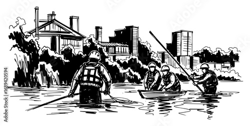 Flood rescue operation in industrial city sketch