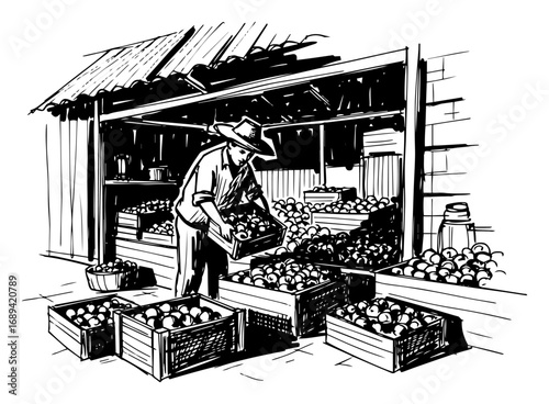 Fruit market vendor at rustic stall with apple crates