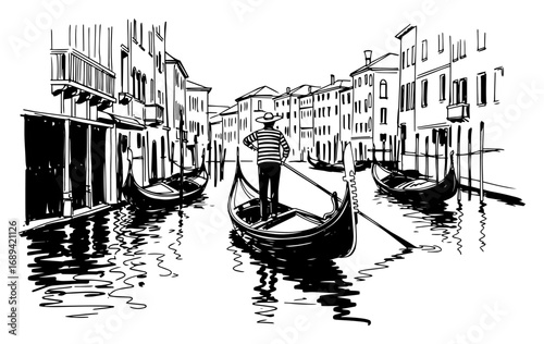 Hand drawn Venice canal with gondola sketch