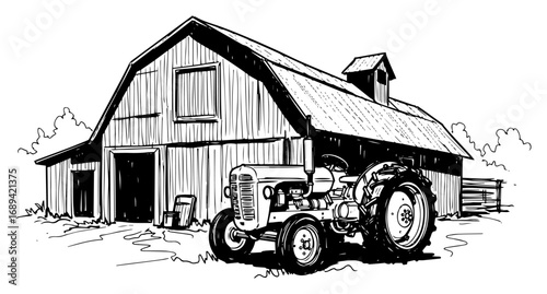Rural barn with vintage tractor on farm