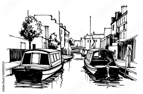 Canal boats urban waterfront sketch vector