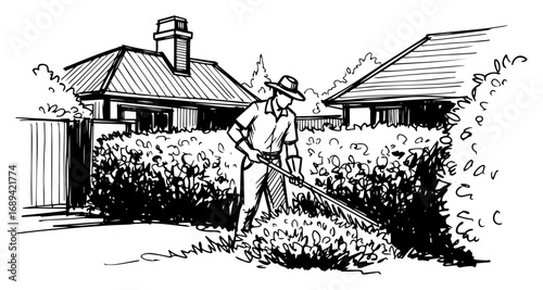 Gardener trimming hedge in suburban yard vector illustration