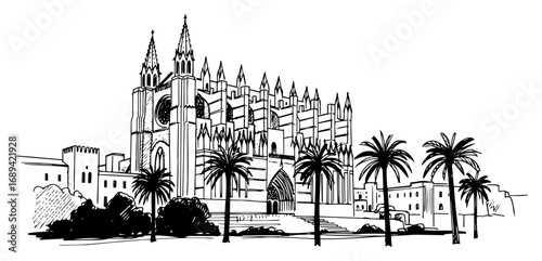 Palma de Mallorca cathedral La Seu sketch with palm trees