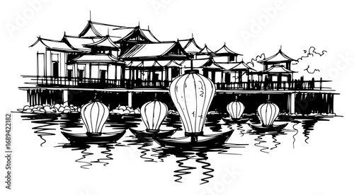 Asian pavilion over water with floating lanterns sketch