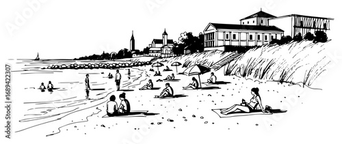 Seaside resort beach with people swimming and sunbathing