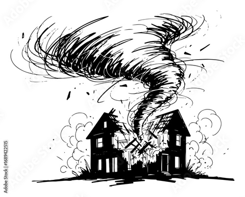 Tornado destroying houses disaster sketch vector