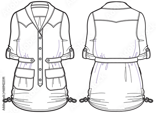 Women woven shirt dress design with pocket flat sketch fashion illustration with front and back view. belted long sleeve  Utility cargo shirt dress drawing vector template