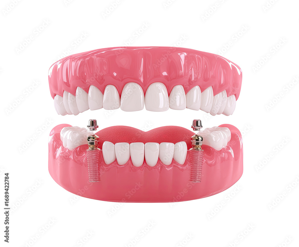 Obraz premium Dental implant dentures, showing teeth and gums. Two metal implants secure the upper denture
