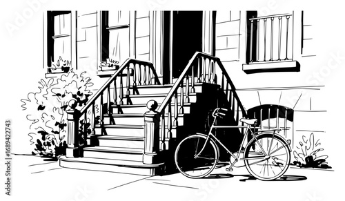 Urban scene with a bicycle parked at the building entrance sketch