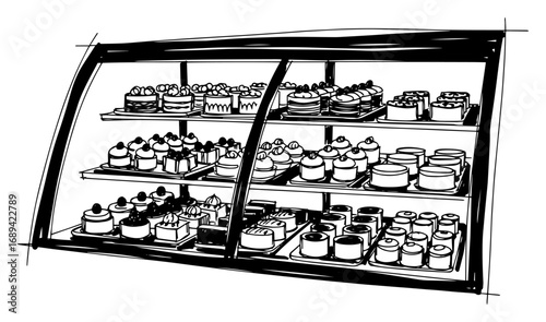 Bakery showcase with a variety of cakes and pastries sketch