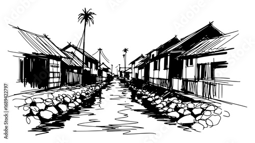Poor tropical village street with old houses sketch