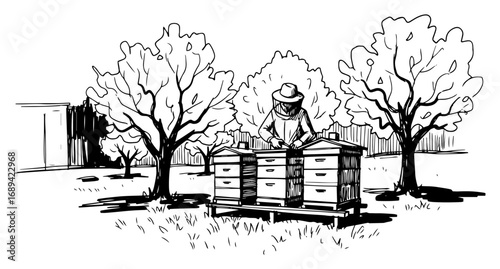 Beekeeper tending hives in orchard sketch