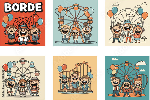 Cartoon children on carnival rides, ferris wheel, roller coaster, holding balloons, amusement park, vintage style, fun fair, smiling kids, family attraction, summer joy