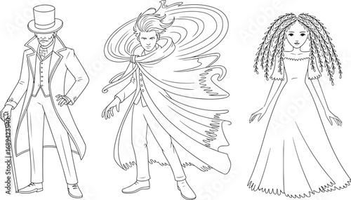 Elegant Line Art Figures Collection Gentleman Sorcerer Ghost on Transparent Background