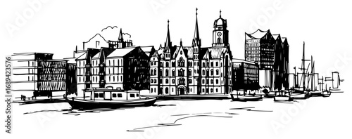 Hand drawn historic waterfront city skyline sketch