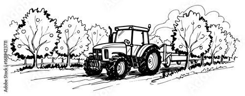 Tractor towing sprayer in orchard field