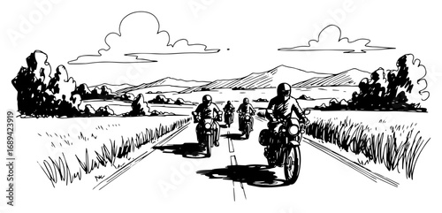 Motorcyclists on a scenic country road trip sketch
