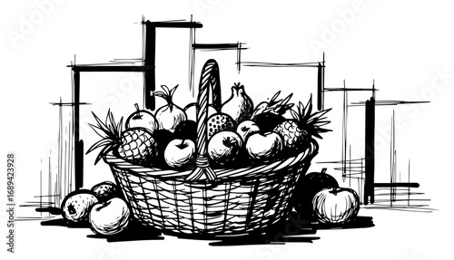Wicker basket full of fresh fruits sketch