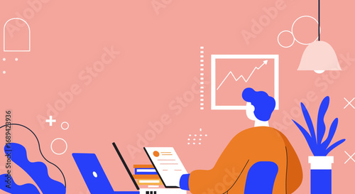 Illustration of a person working remotely at a desk with a laptop and documents, analyzing a rising graph, symbolizing productivity and business growth.
