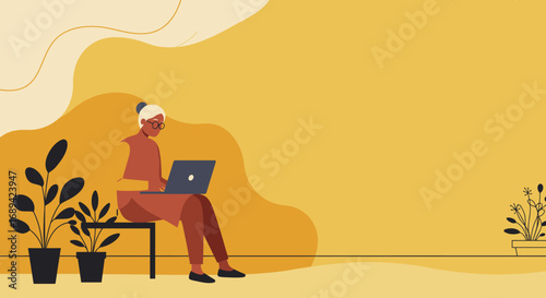 Senior woman confidently uses a laptop at home, embracing technology for work or leisure. Represents remote work, lifelong learning, and digital inclusion.