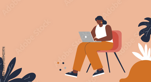A focused woman works remotely on her laptop, embodying productivity, flexible work, and modern lifestyle. Ideal for business, education, or digital nomad themes.
