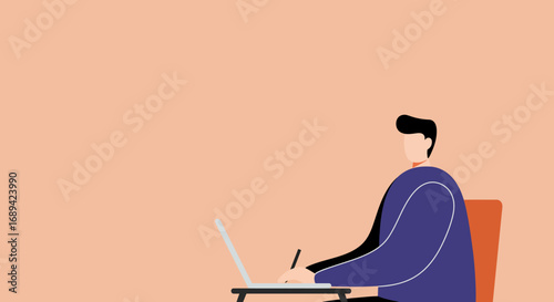 A focused man in a blue shirt diligently works on his laptop at a minimalist desk, holding a pen. Ideal for business, remote work, education, or digital lifestyle concepts.
