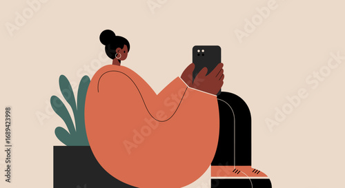 Contemporary illustration of a person using a smartphone, embodying digital communication, social media interaction, and connected modern life.