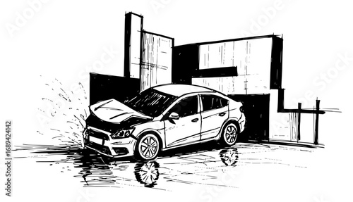 Car crash with damaged front near concrete building sketch