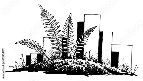 Fern foliage with modern city skyline eco concept sketch