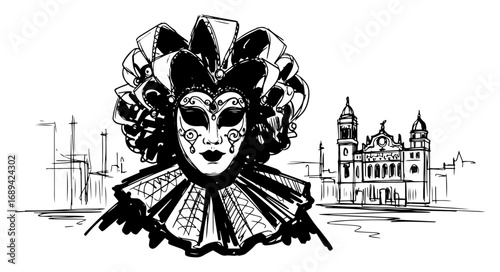 Venetian carnival mask with Venice cityscape sketch