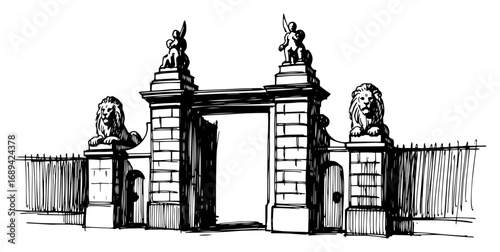 Ornate palace gate with lion statues vector sketch