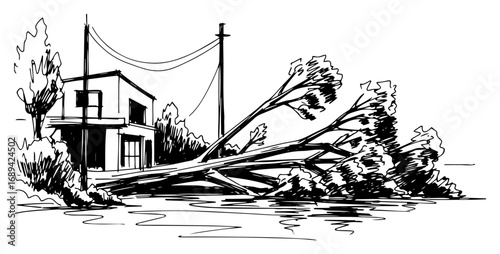 Hand drawn flooded house with fallen tree after storm sketch