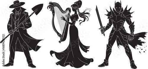 Mysterious Figures Silhouettes Collection Grave Digger Harpist Armored Knight on Transparent