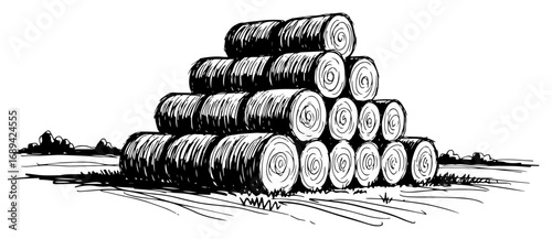 Hand drawn stack of round hay bales in field sketch