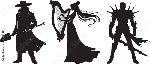 Mysterious Figures Silhouettes Collection Grave Digger Harpist Armored Knight on Transparent