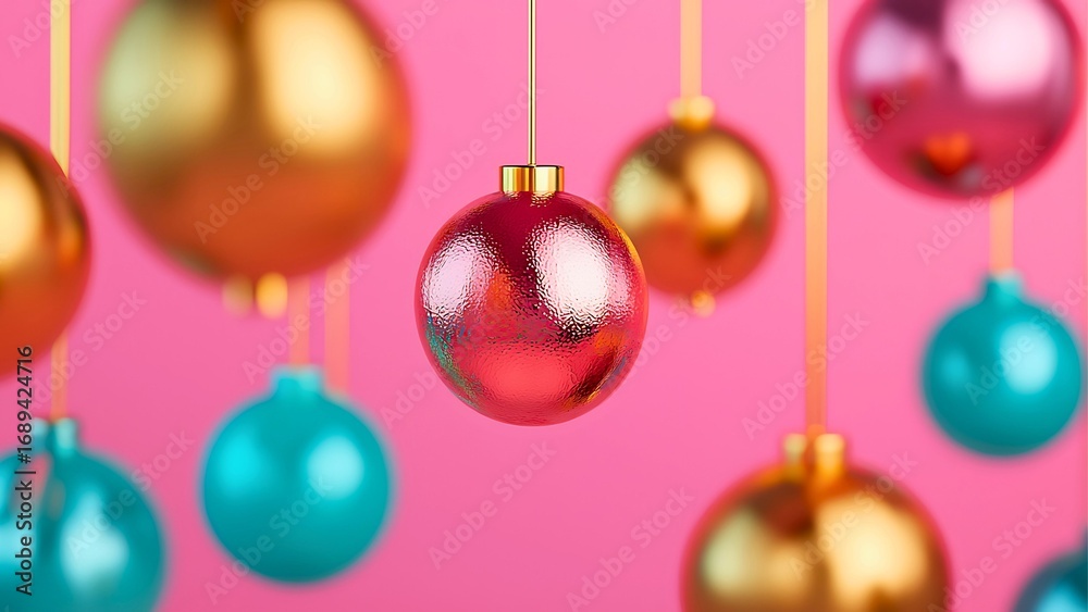Obraz premium Festive Christmas ornaments hanging against a pink background, adding a touch of holiday cheer. The colorful ornaments are beautifully suspended.