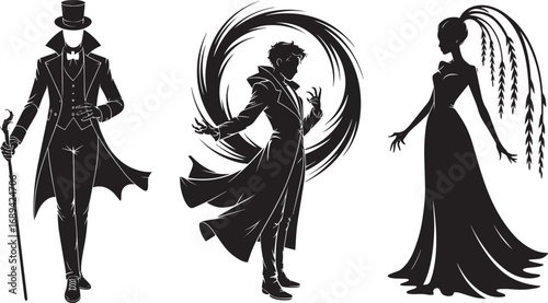 Silhouette Characters Collection Elegant Figures in Formal Attire Against Transparent Backdrop