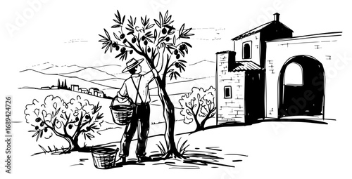 Olive farmer harvesting in Mediterranean orchard vector illustration