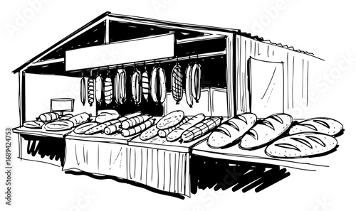 Market stall with fresh bread and sausages vector sketch