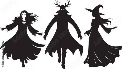 Silhouette Costumed Figures in Elegant Attire for Themed Events and Decorative Designs
