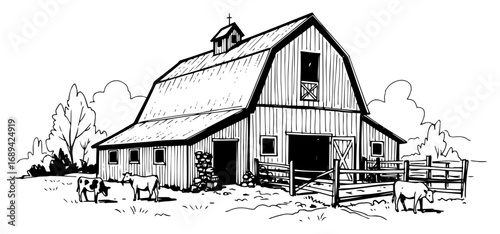 Wooden farm barn in a rural landscape sketch