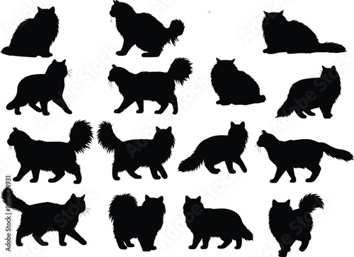 Long Hair Cat Silhouettes, Black Furry Cat Vector, Persian Cat Clipart, Domestic Animal Graphic, Pet Outline, Cat Side View