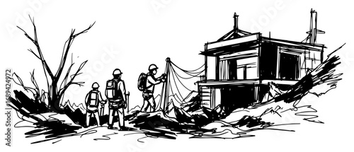 Rescue workers inspecting collapsed building ruins sketch