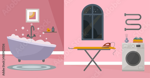 Modern bathroom interior with bathtub, washing machine, ironing board, and large window. Cozy home bathroom with tile walls, laundry area, and minimalist decor. Vector flat illustration. 