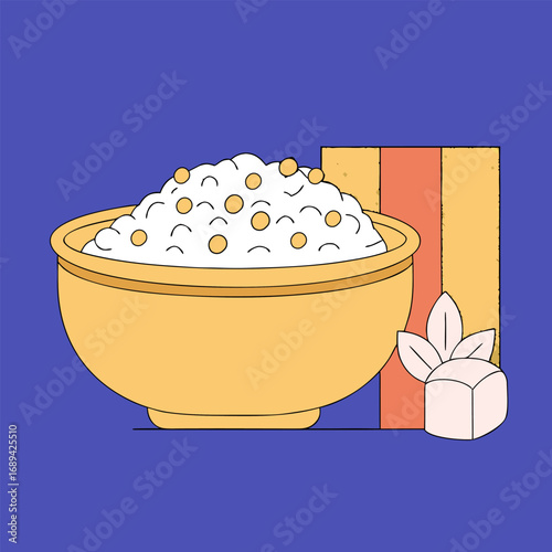 Bowl of organic cottage cheese minimalistic image. Flat vector illustration.