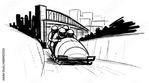 Bobsleigh team racing on ice track vector illustration